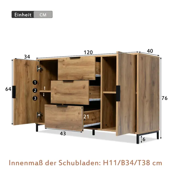 Armoire buffet avec 2 portes et 3 tiroirs en bois massif, rangement pratique pour le salon