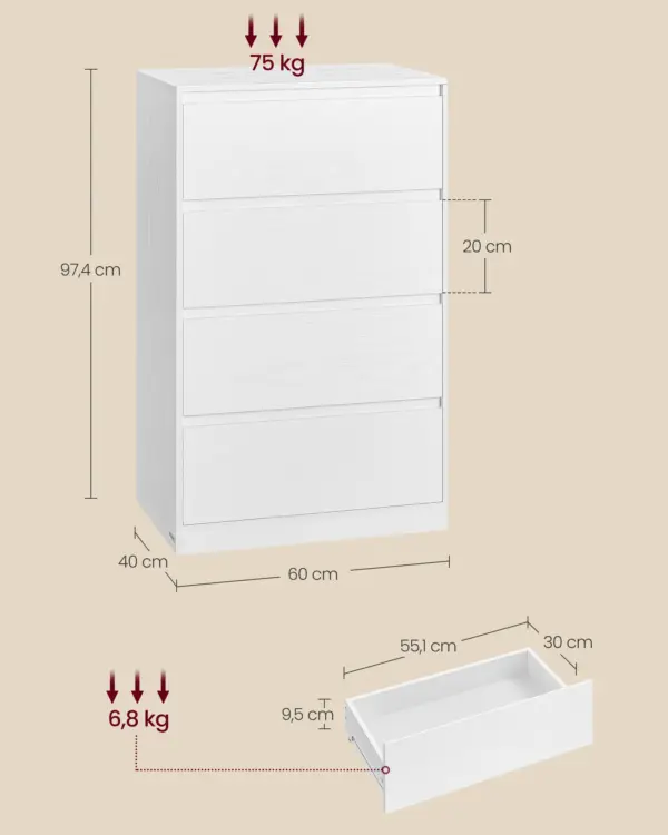 VASAGLE Kailyn Collection - Commode Chambre 4 Tiroirs, Armoire de Rangement, Meuble à Vêtements, 40 x 60 x 97,4 cm, Style Moderne, Blanc Neige