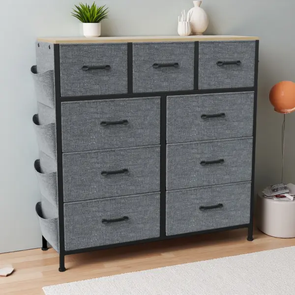 Rosahqnda Commode avec 9 tiroirs, commode de rangement en tissu pour chambre à coucher, salon, couloir, gris, armoire de rangement