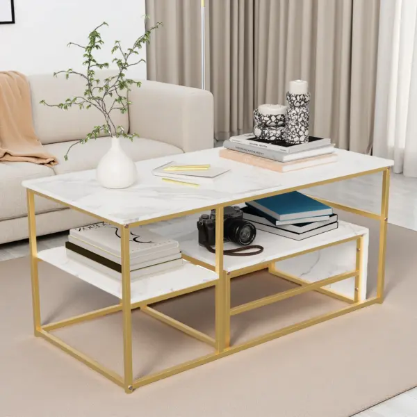 Comanlai Table Basse Moderne Rectangulaire Extensible Effet Bois avec Pieds en Métal