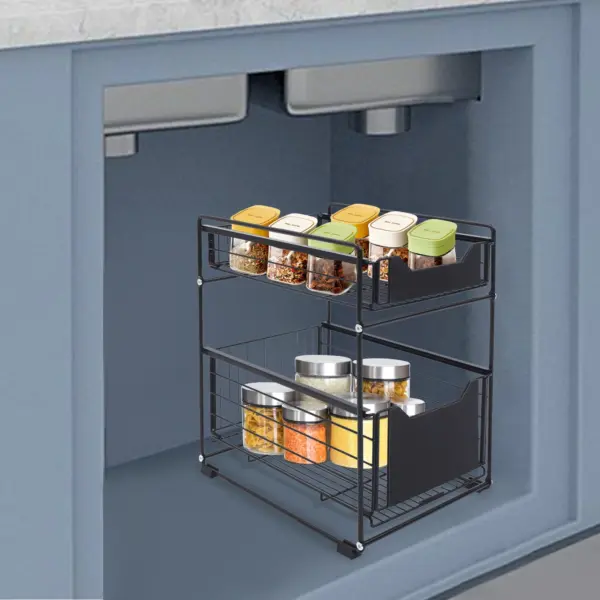 Organisateur de placard à 2 niveaux avec tiroirs coulissants – Étagère sous évier réglable