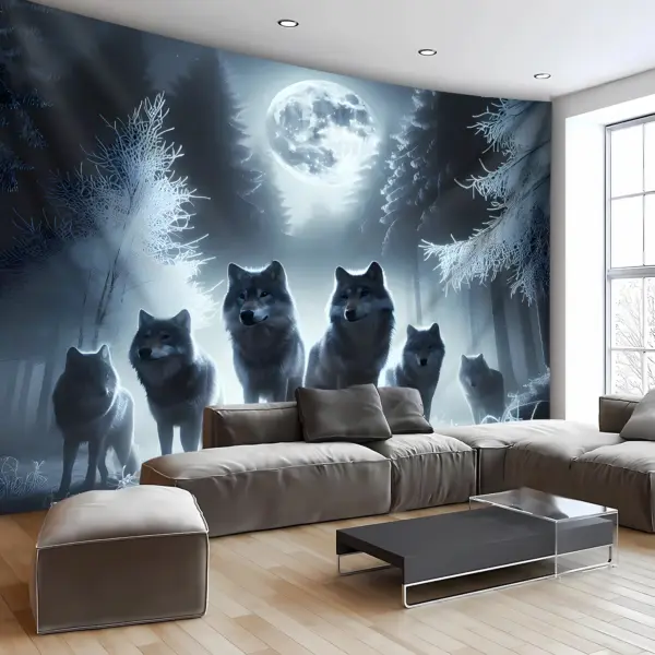 VIKAMA – tapisserie forêt lillée de lune, roi loup, pleine lune, Style nordique, salon, banderole de jeu, décor de chambre pour hommes
