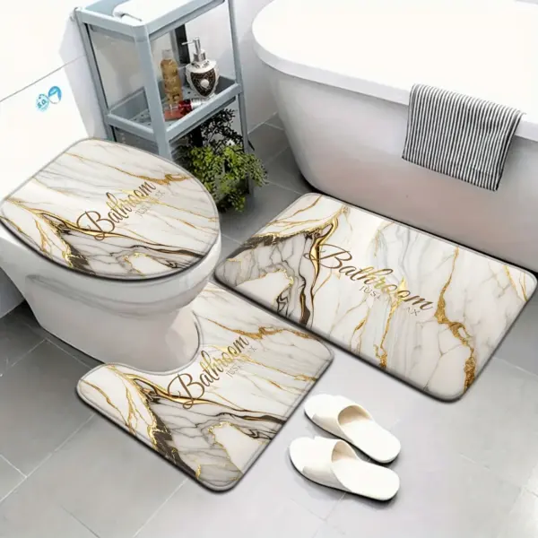 Ensemble de salle de bain 3 pièces en marbre doré, siège de toilette antidérapant + tapis en forme de U, décor de salle de bain de luxe à motif de marbre blanc