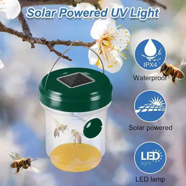 Piège à bouteilles de guêpes à lumière LED ultraviolette à énergie solaire pour l'extérieur, attrape-bonnet d'abeille