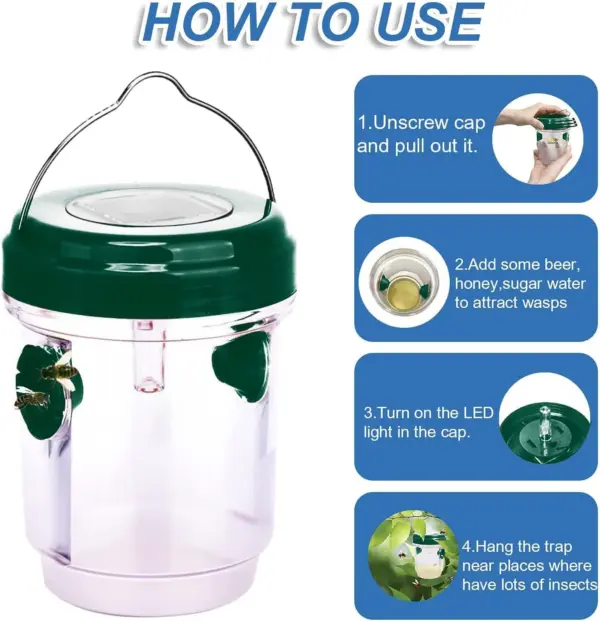 Piège à bouteilles de guêpes à lumière LED ultraviolette à énergie solaire pour l'extérieur, attrape-bonnet d'abeille