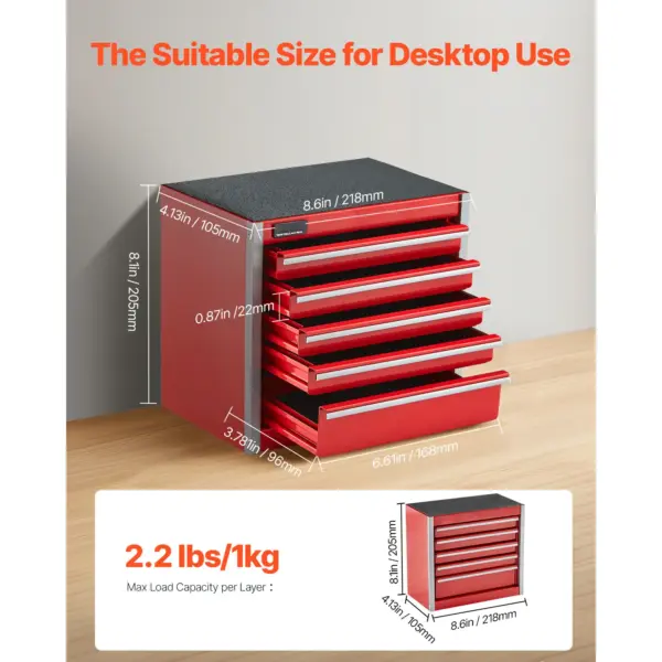 SucceBuy Boîte à outils en métal à 5 tiroirs de 8,6 pouces, petite coffre à outils portable rouge/noir avec coussinets de pieds en PP pour le rangement des outils d'atelier de garage