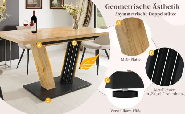 Table de salle à manger extensible 120/160 x 80 x 76 cm, table de cuisine moderne en bois de style farmhouse, avec finition bois et pieds en forme d'ailes