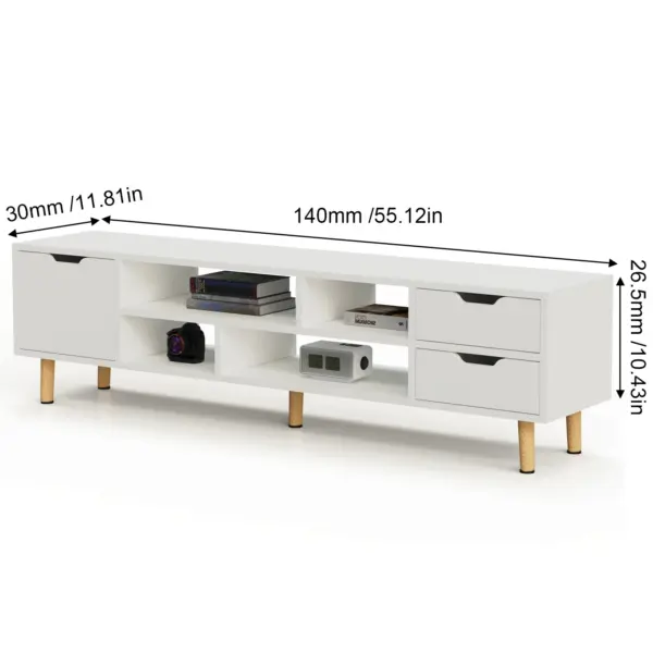 Meuble TV 140 cm, centre de divertissement avec étagère réglable, meuble TV pour téléviseurs de 60 pouces, table console multimédia avec 3 tiroirs, blanc