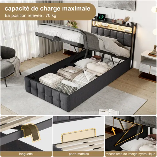 Rosahqnda Lit simple 90x200 cm, Lit rembourré pour enfants, Lit coffre, Lit jeunesse, Lin doux pour la peau, Bandes de bois