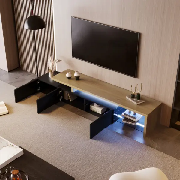 Rosahqnda Meuble TV, meuble TV LED au design asymétrique avec éclairage LED, espace de rangement 200 cm, peinture haute brillance, étagères en verre