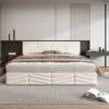 KOMHTOM Lit capitonné lit double hydraulique 180x200 cm Beige velours rayure Style lit continental tête de lit réglable en hauteur