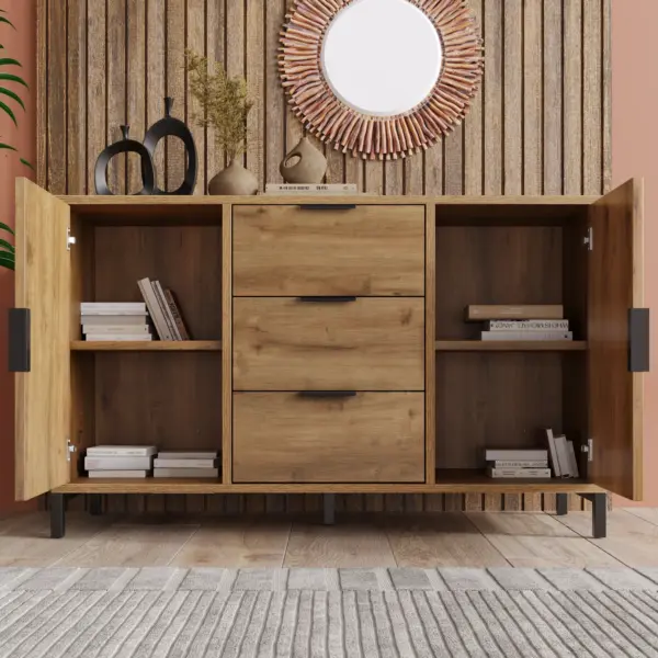 Armoire buffet avec 2 portes et 3 tiroirs en bois massif, rangement pratique pour le salon