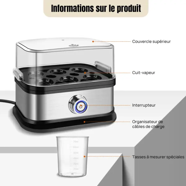 Cuiseur à Œufs Électrique 350W - Cuiseur Vapeur 6 Œufs avec Protection Anti-Sècheresse, Fonction Arrêt Automatique, pour Œufs Mollets/Mi-Cuits/Durs, Maïs Raviolis, Tasse à Mesurer, Mijoteuse Multifonction