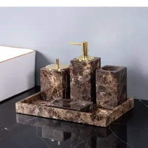 Accessoires de salle de bains en marbre naturel, bouteille de Lotion, pot d'écouvillon de coton, tasse de bain de bouche, porte-savon, boîte à mouchoirs, plateau, fournitures pour la maison