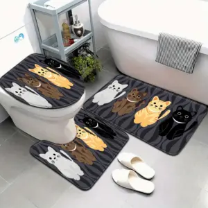 Ensemble de salle de bain chat de dessin animé mignon, tapis de contour doux et antidérapant, housse de toilette et tapis de baignoire pour une décoration intérieure confortable et amusante