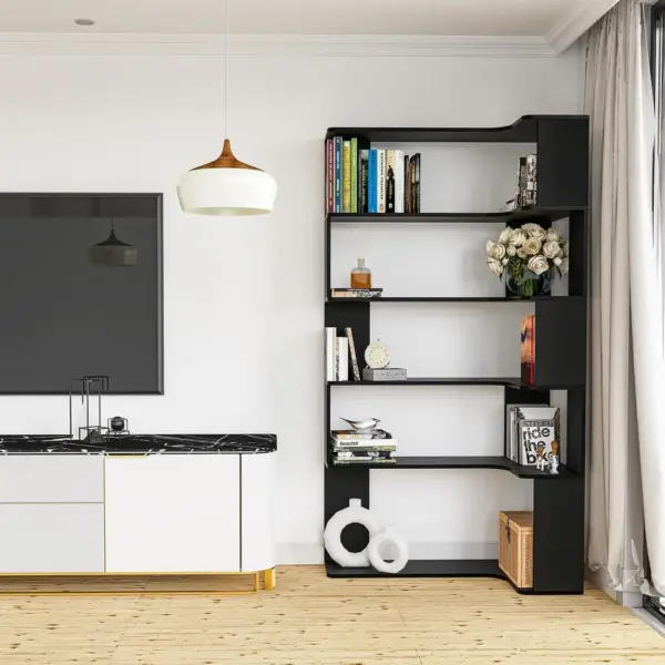 Étagères d'étude 5 niveaux en bois massif, bibliothèque d'angle avec bande lumineuse, étagère ouverte multifonctionnelle pour salon et maison