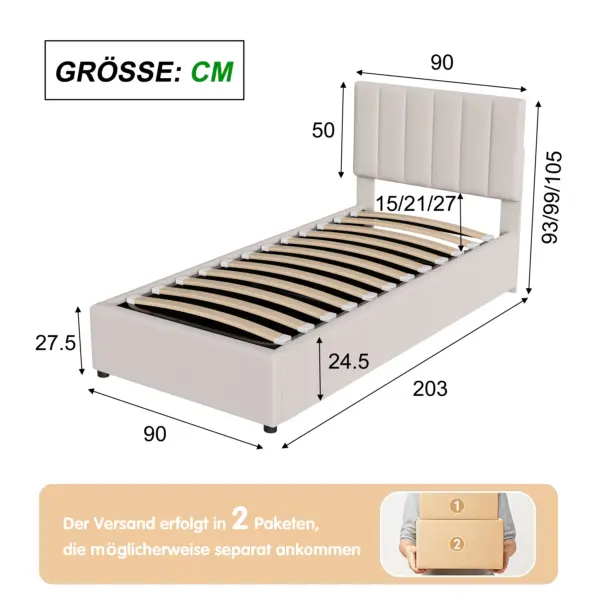 Rosahqnda Lit simple 90x200 cm, Lit rembourré pour enfants, Lit coffre, Lit jeunesse, Lin doux pour la peau, Bandes de bois