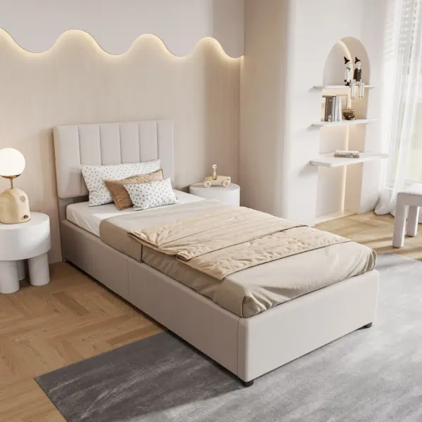 Rosahqnda lit enfant 90x200 cm, lit rembourré, pour garçons et filles, lit simple, lit coffre hydraulique, lin, sans matelas