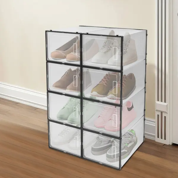 Grande boîte de rangement pour chaussures, 8 pièces, armoire à chaussures transparente en plastique PP, résistant à l'humidité et à la poussière, organisateur moderne noir pour taille 44