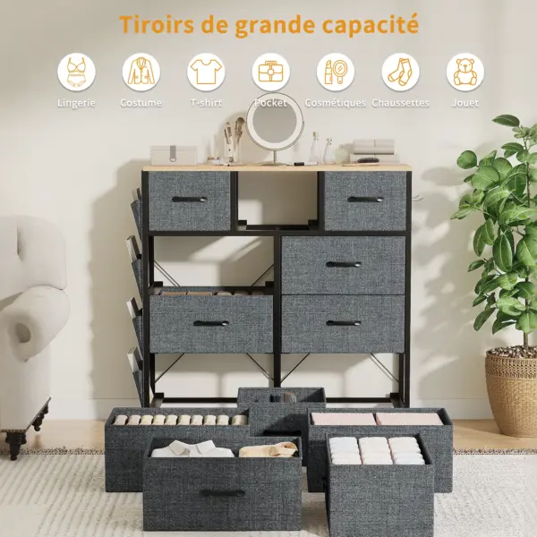 Rosahqnda Commode avec 9 tiroirs, commode de rangement en tissu pour chambre à coucher, salon, couloir, gris, armoire de rangement