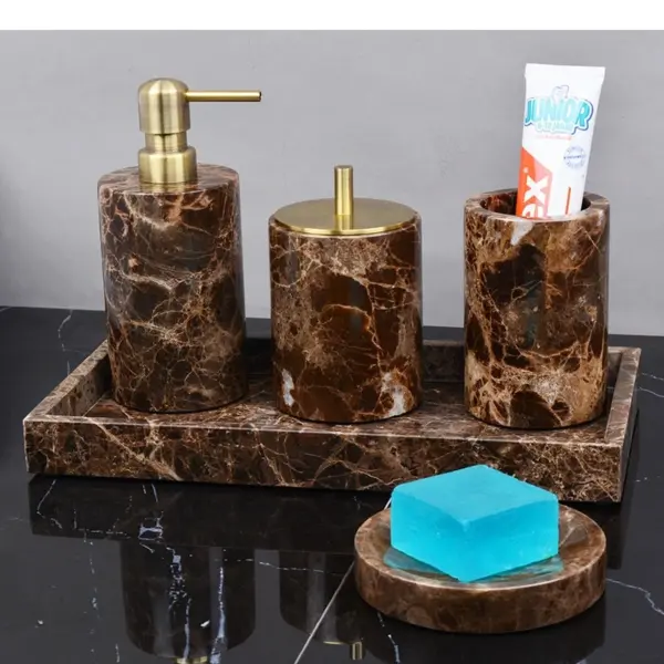 Accessoires de salle de bains en marbre naturel, bouteille de Lotion, pot d'écouvillon de coton, tasse de bain de bouche, porte-savon, boîte à mouchoirs, plateau, fournitures pour la maison
