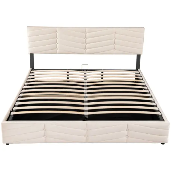 KOMHTOM Lit capitonné lit double hydraulique 180x200 cm Beige velours rayure Style lit continental tête de lit réglable en hauteur