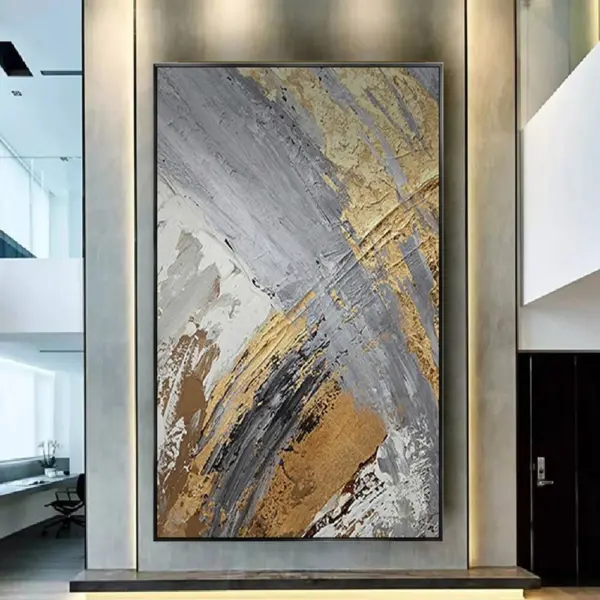 Peinture à l’huile abstraite 100 % peinte à la main sur toile – Tableau mural moderne avec lignes dorées pour salon