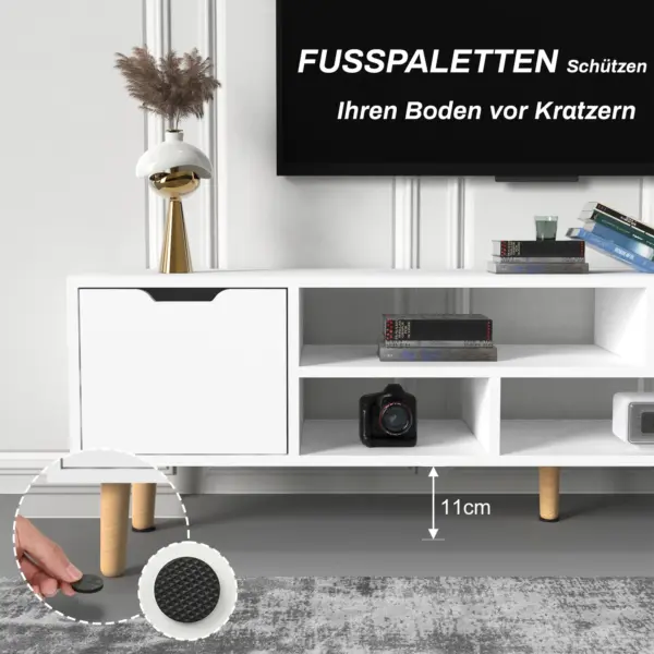 Meuble TV 140 cm, centre de divertissement avec étagère réglable, meuble TV pour téléviseurs de 60 pouces, table console multimédia avec 3 tiroirs, blanc