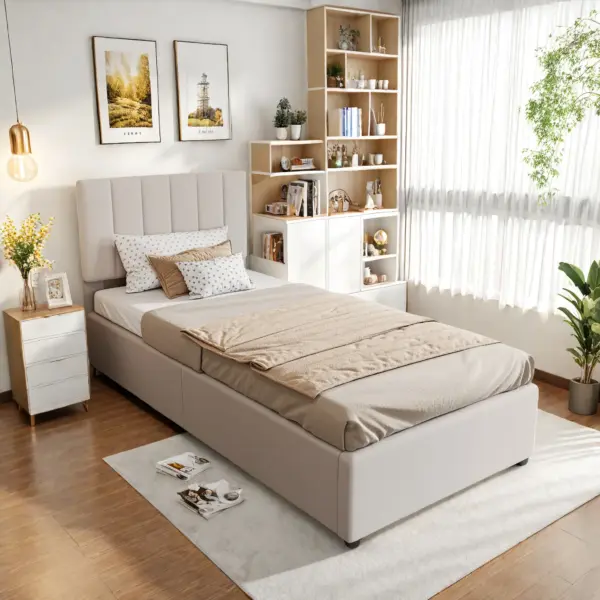 Rosahqnda lit enfant 90x200 cm, lit rembourré, pour garçons et filles, lit simple, lit coffre hydraulique, lin, sans matelas