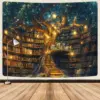 Tapisserie murale VIKAMA Fantasy Library, arbre mystique, bibliothèque magique, décoration pour salon et chambre à coucher