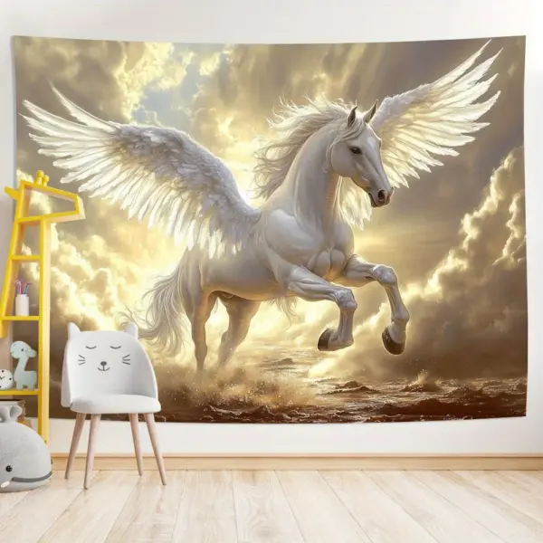 1 morceau d'ameublement de cheval ailé blanc de style orné, tissu polyester, lavable en machine, adapté au salon de chambre à coucher