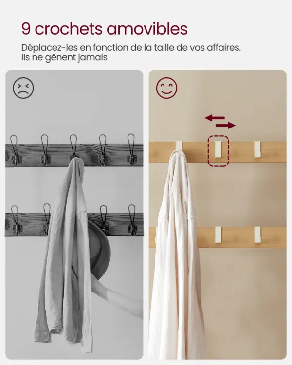 VASAGLE Porte-manteau avec Étagère à Chaussures, Meuble d’Entrée avec Banc, 4-en-1, 9 Crochets Amovibles, Vestiaire, 33,7 x 72 x 183 cm, Style Moderne