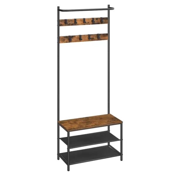 VASAGLE Meuble d’Entrée, Porte-Manteaux, avec Banc et Étagère à Chaussures, 9 Crochets Amovibles, Tringle, 32,2 x 64 x 180 cm, pour Entrée, Chambre, Style Industriel