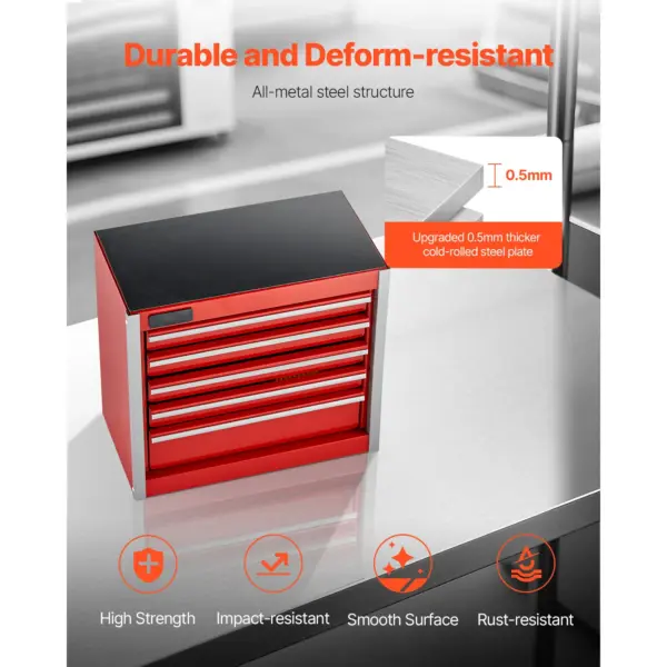 SucceBuy Boîte à outils en métal à 5 tiroirs de 8,6 pouces, petite coffre à outils portable rouge/noir avec coussinets de pieds en PP pour le rangement des outils d'atelier de garage