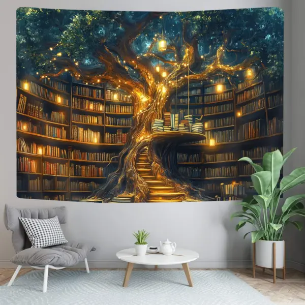Tapisserie murale VIKAMA Fantasy Library, arbre mystique, bibliothèque magique, décoration pour salon et chambre à coucher