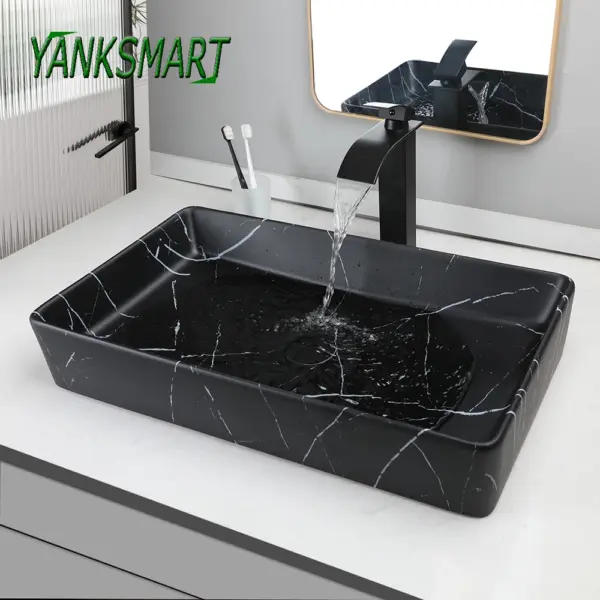 YANKSMART-Évier rectangulaire en céramique avec chute d'eau noire, grand évier de navire, comptoir de vanité, égouttoir pop-up