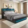 Lit rembourré Rosahqnda 160x200 cm avec tête de lit LED, lit double avec USB et sommier à lattes, espace de rangement hydraulique, linge