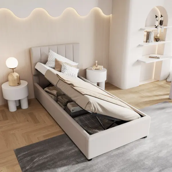 Rosahqnda lit enfant 90x200 cm, lit rembourré, pour garçons et filles, lit simple, lit coffre hydraulique, lin, sans matelas