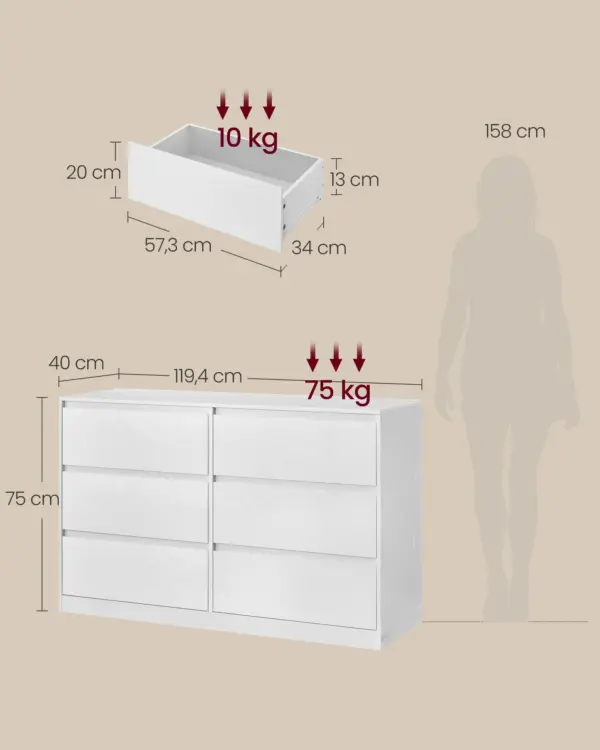 VASAGLE KAILYN Collection - Commode Chambre 6 Tiroirs, Armoire de Rangement, Meuble à Vêtements, 40 x 119,4 x 75 cm, Style Moderne