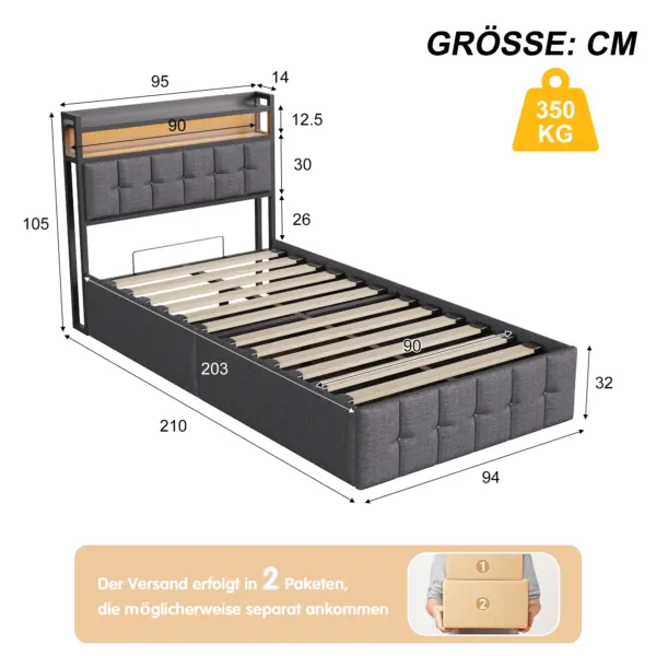 Rosahqnda Lit simple 90x200 cm, Lit rembourré pour enfants, Lit coffre, Lit jeunesse, Lin doux pour la peau, Bandes de bois
