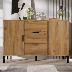 Armoire buffet avec 2 portes et 3 tiroirs en bois massif, rangement pratique pour le salon
