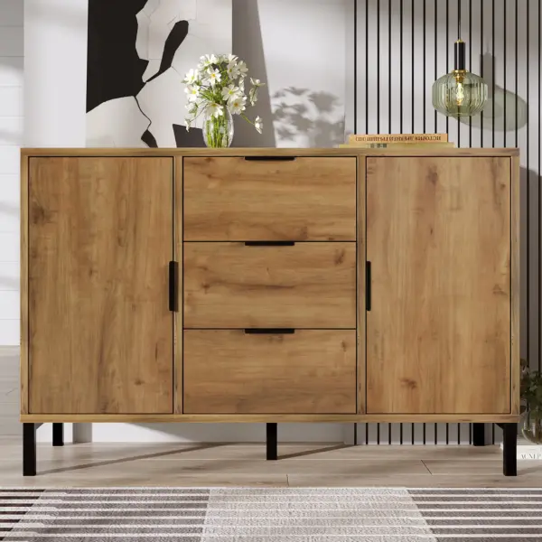 Armoire buffet avec 2 portes et 3 tiroirs en bois massif, rangement pratique pour le salon