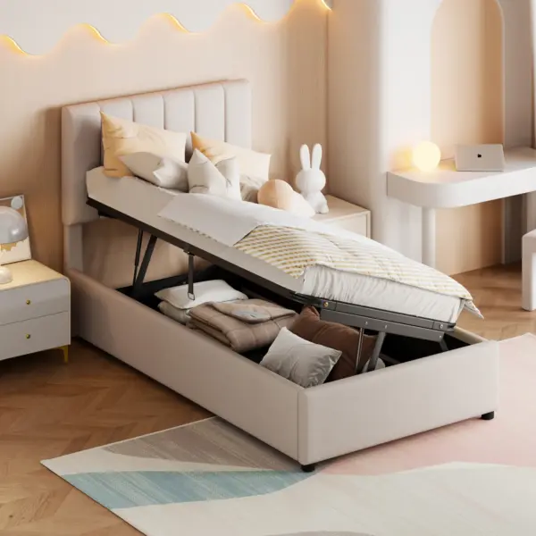 Rosahqnda Lit simple 90x200 cm, Lit rembourré pour enfants, Lit coffre, Lit jeunesse, Lin doux pour la peau, Bandes de bois