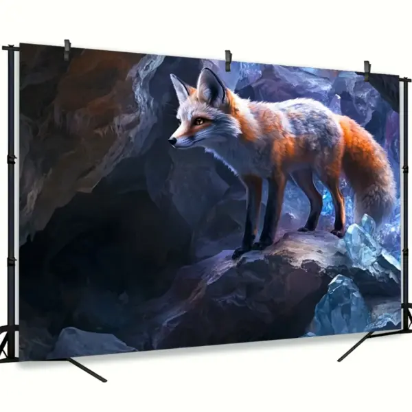 Tapisserie murale en forme de renard enchanteur dans une grotte de cristal, tissu en polyester vibrant, idéal pour la décoration de la maison et du bureau, parfaite pour l'anniversaire, 1 pièce