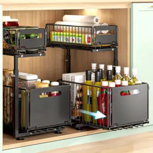Organisateur d’armoire extractible à 2 niveaux – Étagère sous évier réglable avec tiroirs coulissants