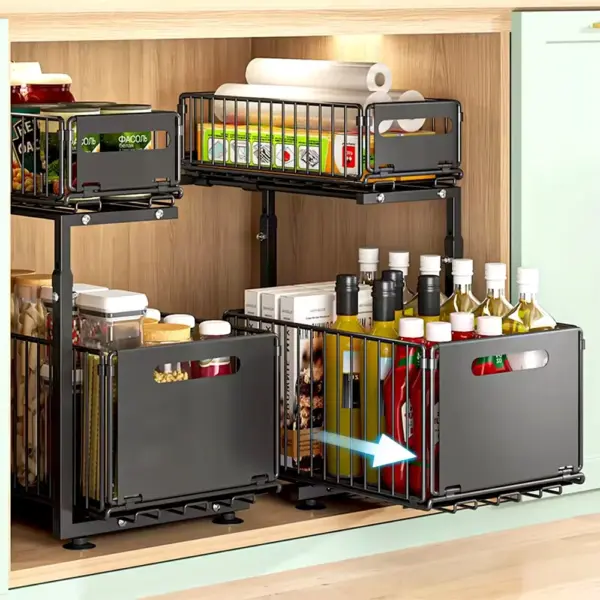 Organisateur d’armoire extractible à 2 niveaux – Étagère sous évier réglable avec tiroirs coulissants