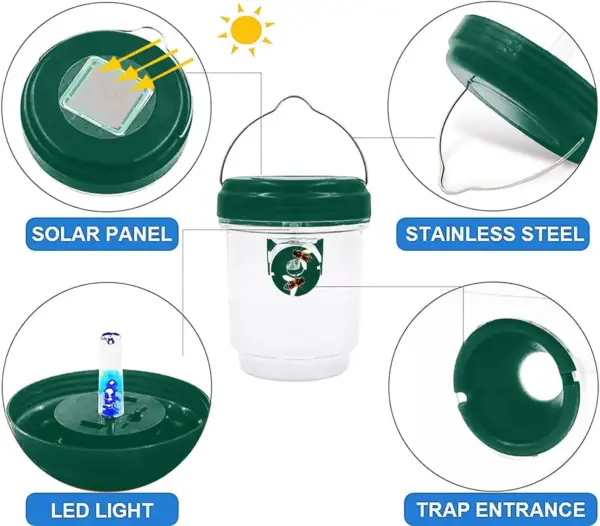 Piège à bouteilles de guêpes à lumière LED ultraviolette à énergie solaire pour l'extérieur, attrape-bonnet d'abeille
