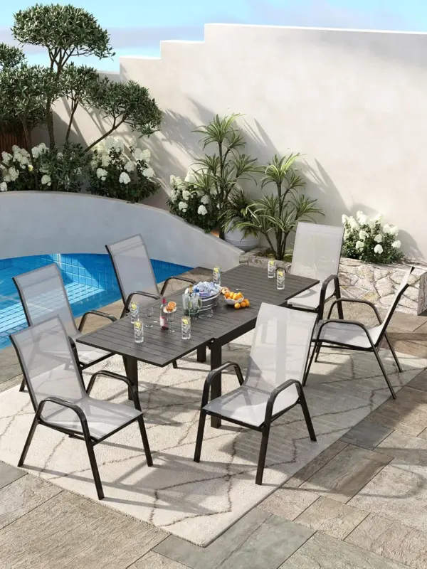 Ensemble de 4 chaises de patio empilables, chaises de salle à manger d'extérieur avec tissu textilène/structure en métal, pour terrasse, jardin, bord de piscine