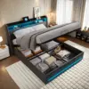 Lit rembourré Rosahqnda 160x200 cm avec tête de lit LED, lit double avec USB et sommier à lattes, espace de rangement hydraulique, linge
