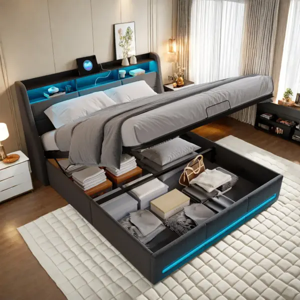 Lit rembourré Rosahqnda 160x200 cm avec tête de lit LED, lit double avec USB et sommier à lattes, espace de rangement hydraulique, linge